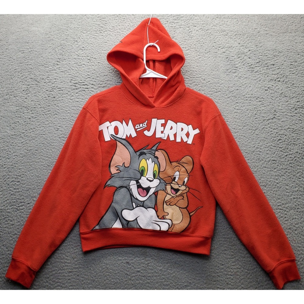 Tom & Jerry Hoodie Womens Small Red Fleece Graphic Print Raglan Sleeve Pullover